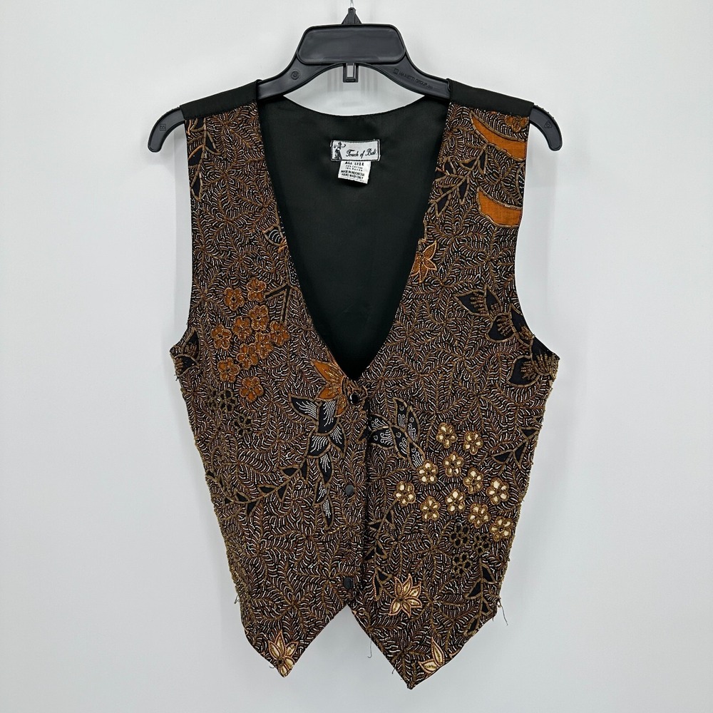 Vintage Touch Of Bali Beaded Floral Vest Women All Size Gold Black Boho 90s Slay